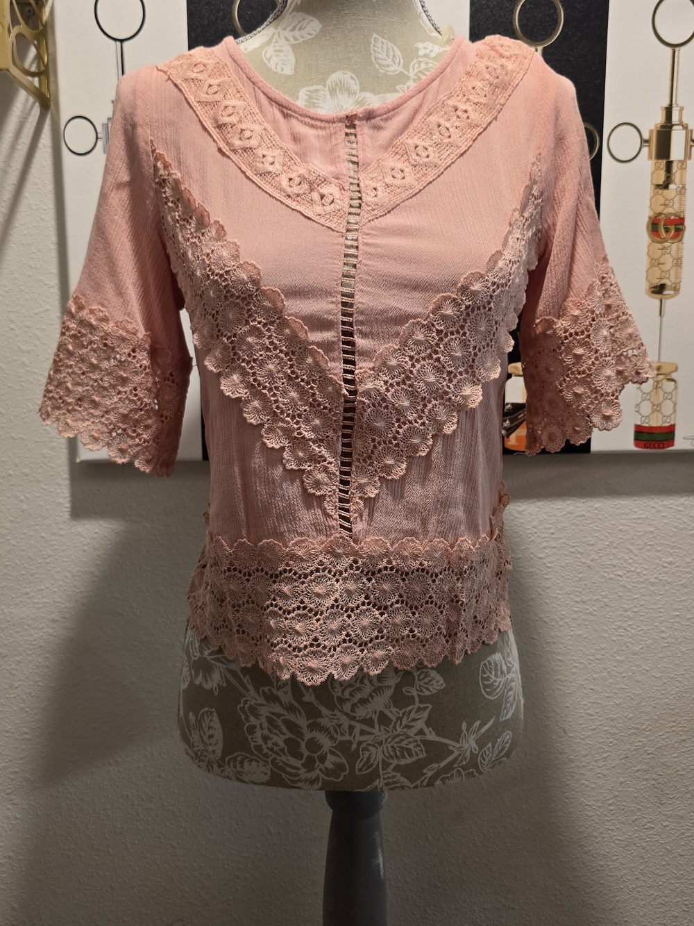 Women's Pink Lace Trim Blouse